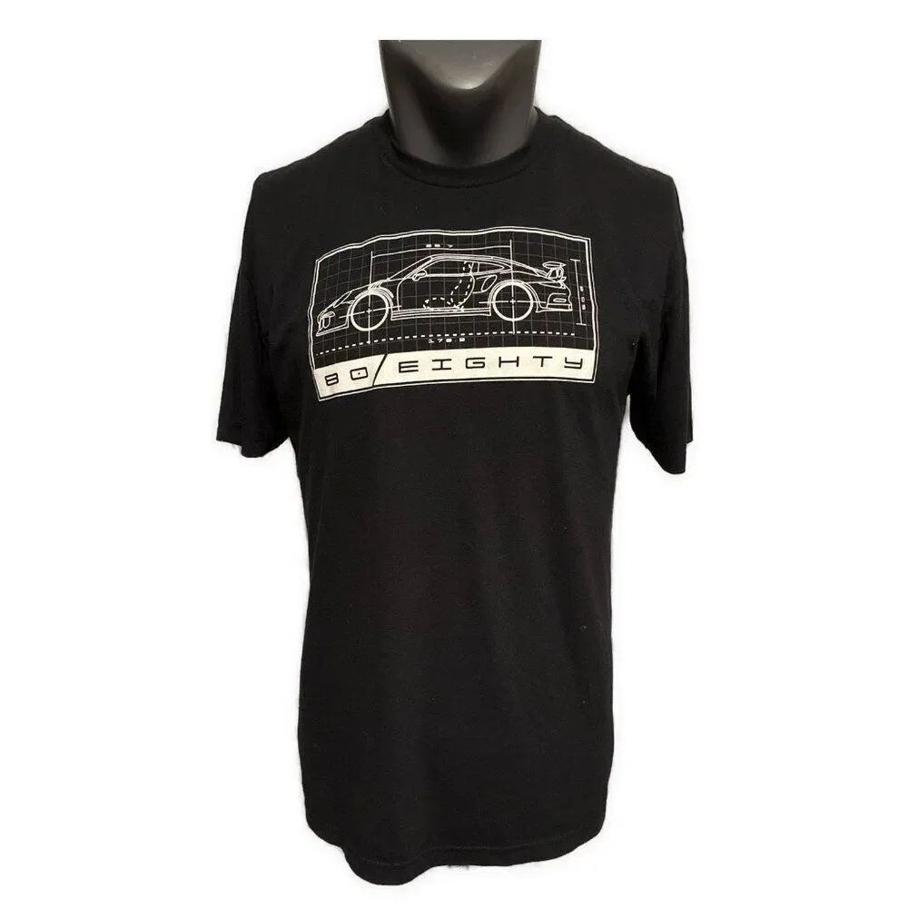 80eighty Men’s Black White Crew Neck Race Car Short Sleeve T Shirt Large